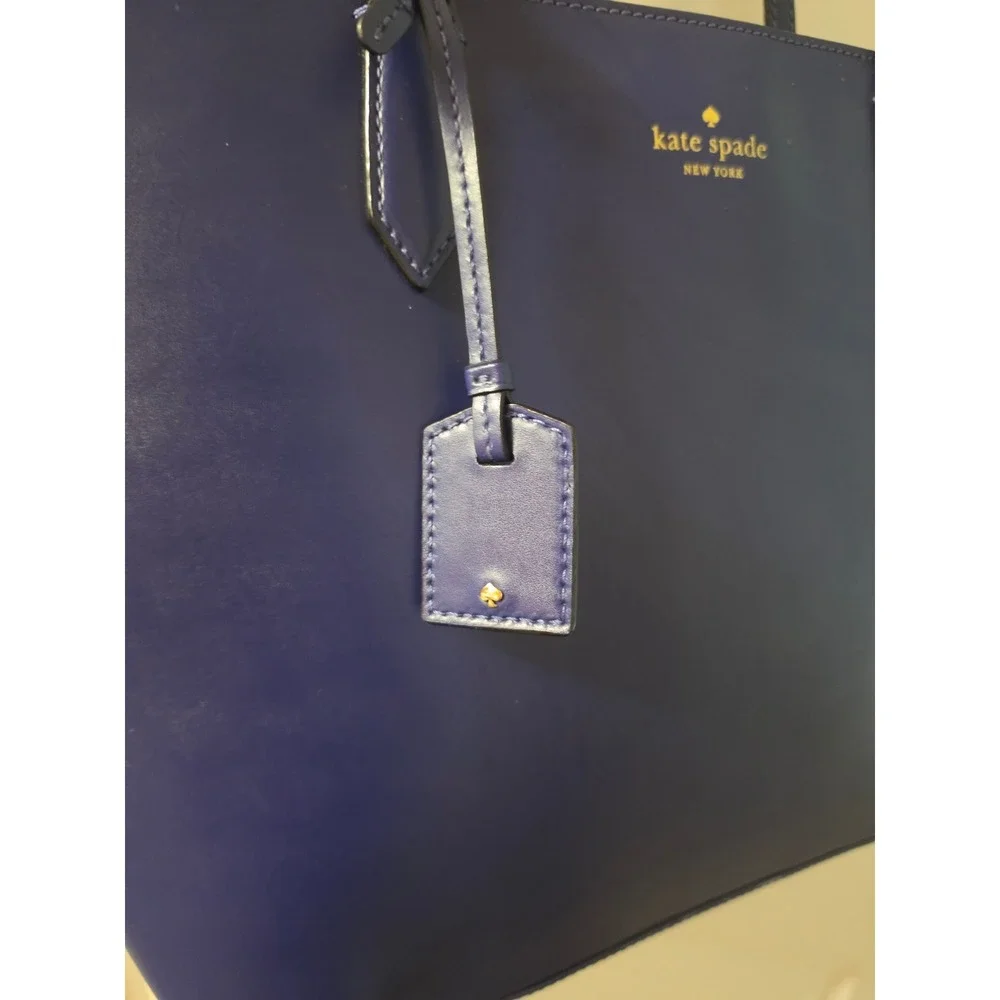 Kate Spade New York Navy Blue Leather Tote Bag Shoulder Purse Gold Logo